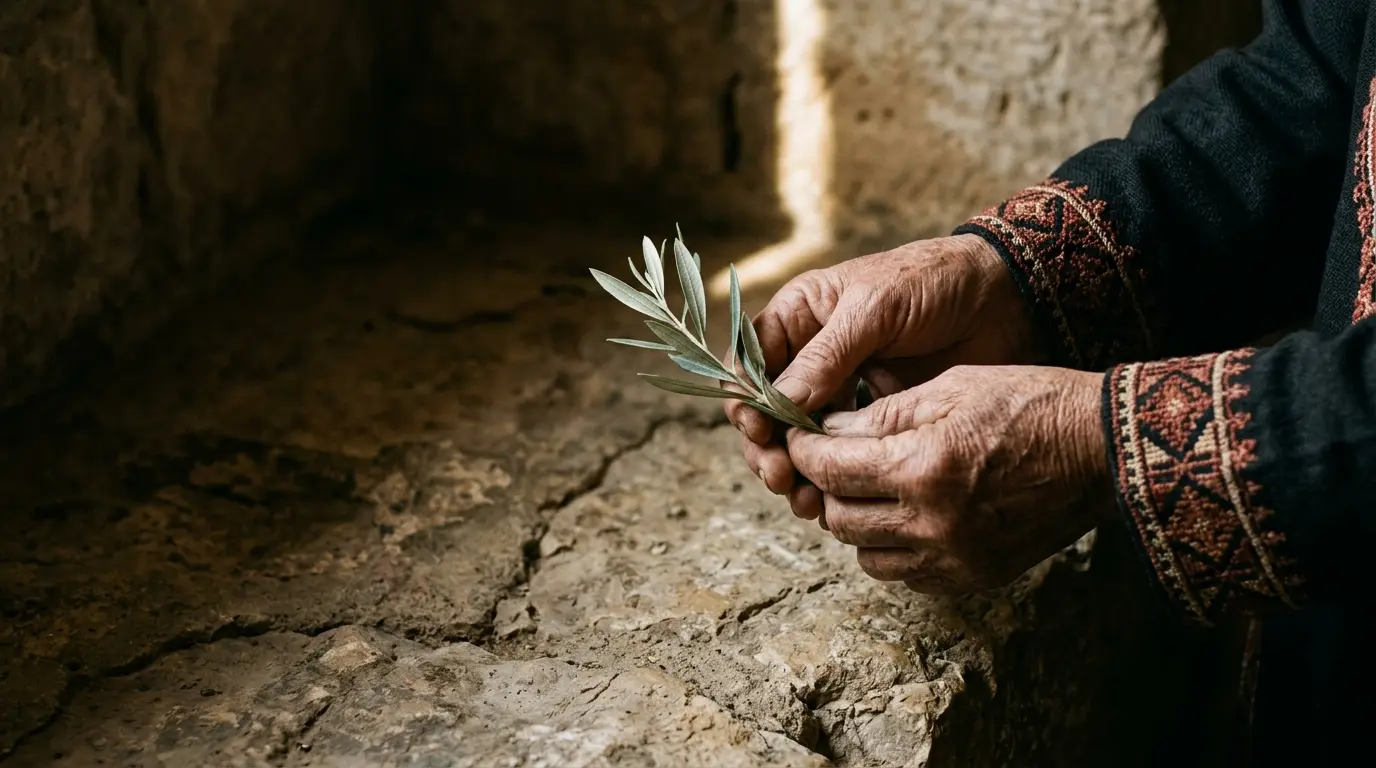 Hands holding an olive branch in warm light